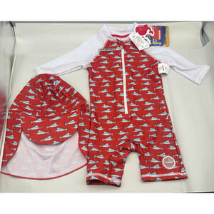 Bonverano Kids UPF 50+ Sun Protection One Piece Zip Sun Suit W/Sun Hat Red 6-9mo